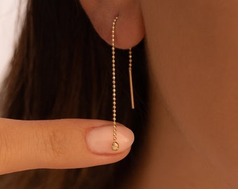14K Solid Gold Ball Threader Earrings – Minimalist Dangle Jewelry