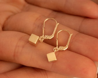 14K Solid Gold Cube Drop Earrings: Minimalist Geometric Jewelry