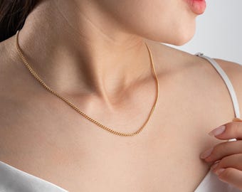 14K Solid Gold Cuban Chain Necklace: Dainty Curb Chain