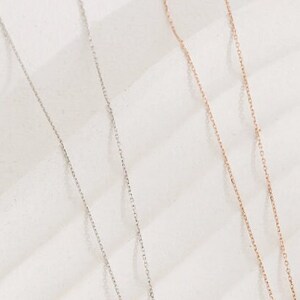 May include: Two delicate silver chains on a white background. One chain is silver and the other is rose gold.