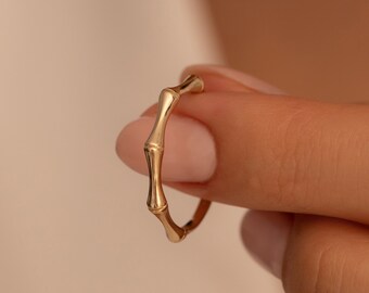 14K Solid Gold Bamboo Ring -Dainty Minimalist Stacking Jewelry, Real Gold Band, Unique Bamboo Design, Christmas Gift for Her