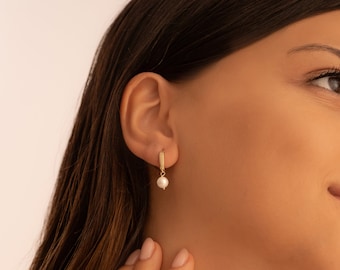 Pearl Drop Earrings: 14K Solid Gold Huggie Bridal Jewelry