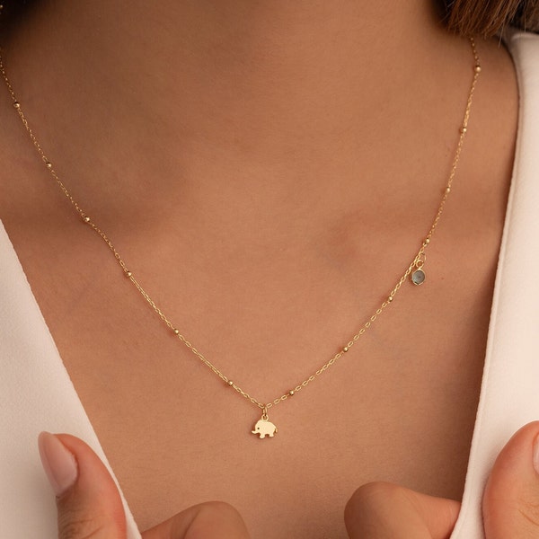 Delicate 18K Gold Tiny Elephant Necklace : Minimalist Animal Charm Jewelry, Dainty Cute Good Luck Pendant, Birthday Gifts for Her & Women