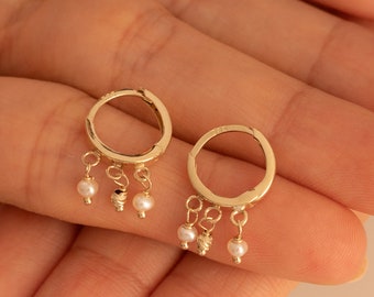 14K Gold Freshwater Pearl Hoop Earrings: Dainty Beaded Huggies