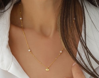 18K Gold Evil Eye Necklace with Pearl Chain: Sterling Silver Protection Jewelry