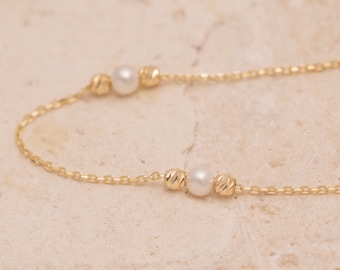 14K Solid Gold Pearl Bracelet, Dainty Stacking Jewelry
