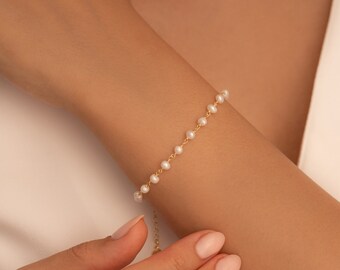 Delicate Pearl Chain Bracelet: 18K Gold Plated Sterling Silver