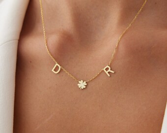 Sterling Silver Four Leaf Clover Initial Necklace: Personalized Letter Jewelry