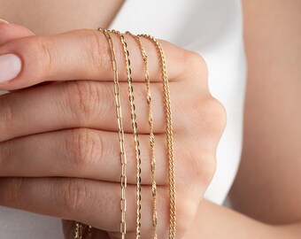 14K Solid Gold Chain Necklace: Dainty Figaro, Paperclip, Rope