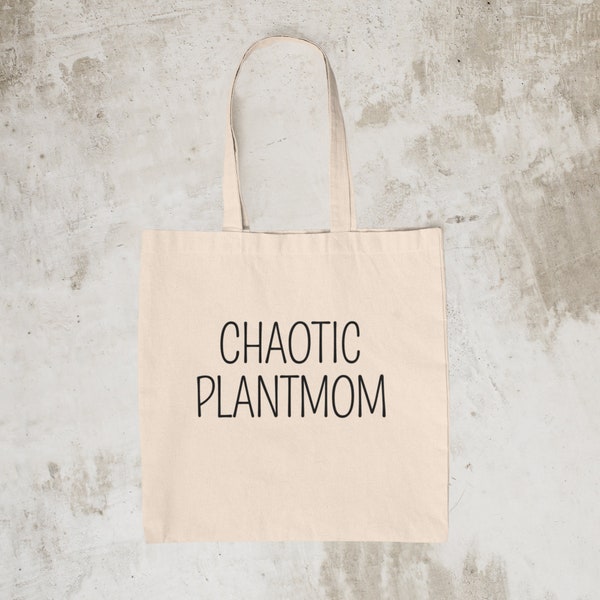 Chaotische plantenmoeder tote bag, grappig botanisch ontwerp, liefdevol minimalistisch kado, monstera deliciosa planten schouder tas