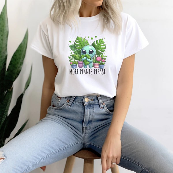 Meer planten graag t-shirt, plantenmoeder tee, plantenliefhebber shirt, cadeau voor haar, buitenaards wezen, kosmische print, monstera plant