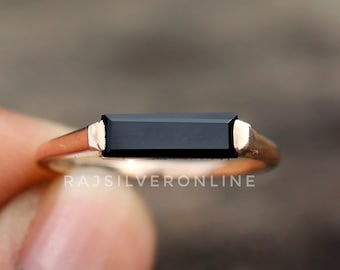 Natural Black Onyx Ring, Rectangle Bar Gemstone Ring, 18k Rose Gold, 925 Sterling Silver Ring,  Handmade Ring, Wedding Jewelry, Gift For Her