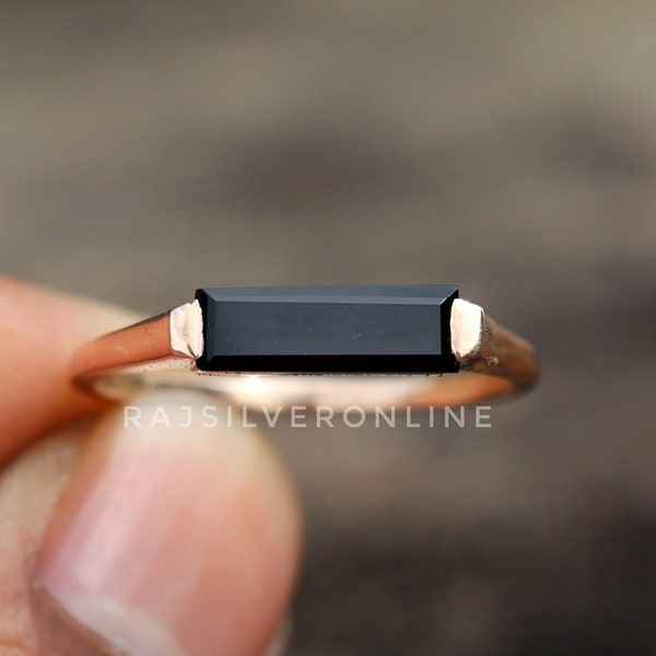 Natural Black Onyx Ring, Rectangle Bar Gemstone Ring, 18k Rose Gold, 925 Sterling Silver Ring,  Handmade Ring, Wedding Jewelry, Gift For Her