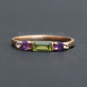Peridot And Amethyst Ring, 18k Rose Gold Vermeil, 925 Sterling Silver Ring, Women's Engagement Ring, Handmade Wedding Jewelry, Gift For Her