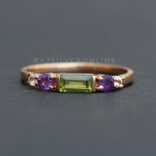 Anillo de peridoto y amatista: solitario hecho a mano en plata de ley bañado en oro rosa de 18 quilates, regalo de bodas para ella.