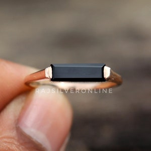 Natural Black Onyx Ring, Rectangle Bar Gemstone Ring, 18k Rose Gold, 925 Sterling Silver Ring,  Handmade Ring, Wedding Jewelry, Gift For Her