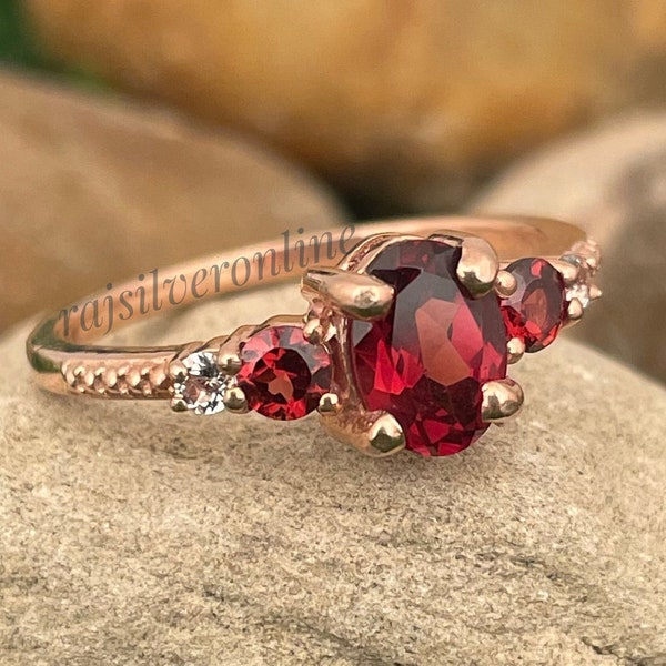 Natural Garnet Ring, 18k Rose Gold Vermeil, 925 Sterling Silver Ring, Five Stone Solitaire Ring, Minimal Jewelry, Engagement Ring Gift's Her