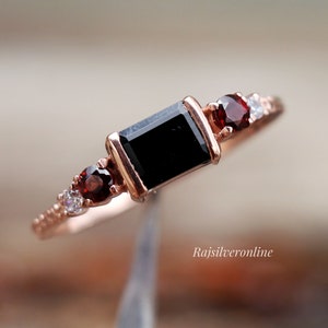Black Onyx Ring, 18k Rose Gold Vermeil Ring, 925 Sterling Silver, Garnet & White Topaz, Multi Stone Ring, Boho Wedding Jewelry, Gift For Her
