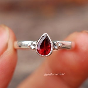 Pear Garnet Ring, Handmade 925 Sterling Silver, Dainty Minimalist
