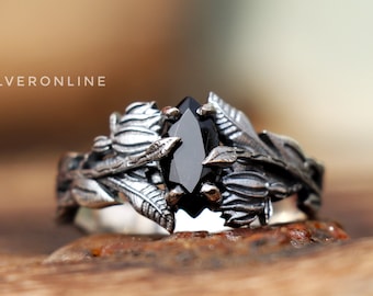 Branches Black Onyx Ring: Handmade Sterling Silver Band, Nature Inspired Design Ring For Her