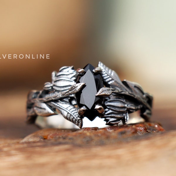 Silver Nature Inspired Ring, Black Onyx Ring, 925 Sterling Silver Ring, Handmade Branch Ring, Unique Design Ring, Wedding Ring Gift For Her