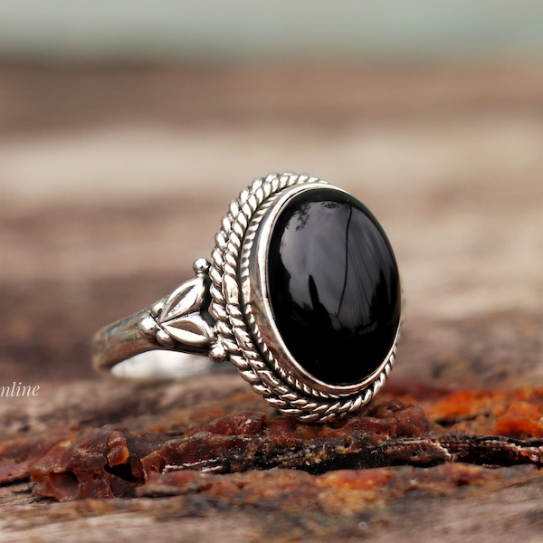 Black Onyx Ring, 925 Sterling Silver Ring, Handmade Ring, Minimalist Ring, Black Ring, Oval Stone Ring, Wedding Ring, Gift For Her, Bohemian