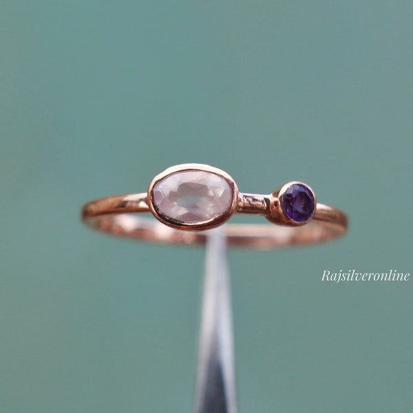 Rose Quartz & Amethyst Ring, 925 Sterling Silver Ring, Handmade Solitaire Band Ring, Wedding Ring, Dainty Birthday Ring Minimal Gift For Her