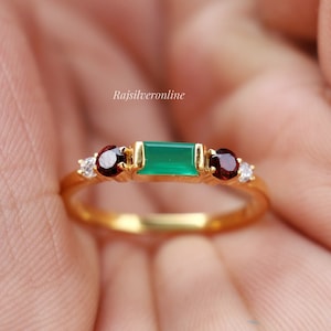 Green Onyx & Garnet Ring, 925 Sterling Silver Ring, Five Stone Ring, Women Solitaire Ring, Wedding Ring, Anniversary Ring, Boho Gift For Her