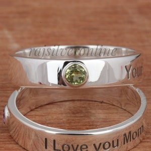 Anel com banda de peridoto, anel gravado, anel de prata esterlina 925, anel personalizado, anel personalizado, banda empilhável, banda com pedras preciosas de prata, anel de compromisso