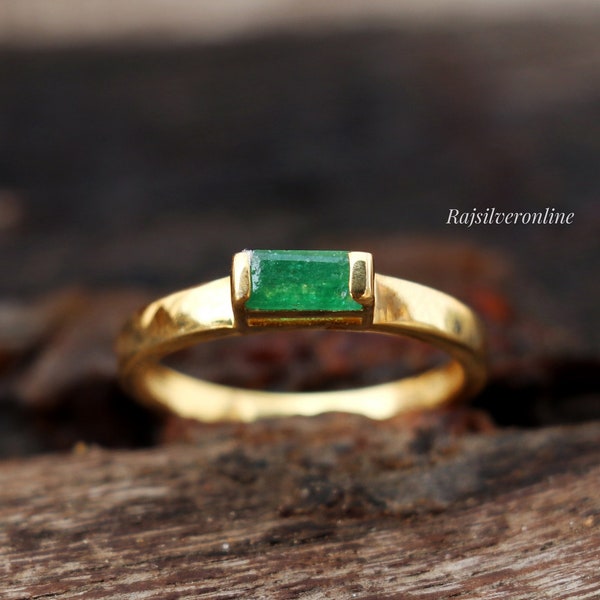 Baguette Women Ring, Green Jade Ring, 18k Gold Plated 925 Sterling Silver Ring, Handmade Ring, Solitaire Ring, Wedding Ring, Gift For Her