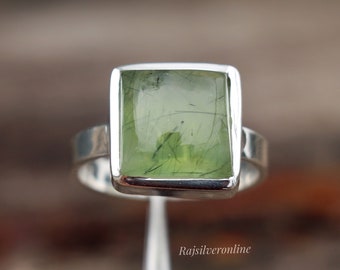 Bague en préhnite naturelle, bague en argent sterling 925, bague faite main, bague pierre de coussin, bague de mariage, bague pierre verte, cadeau d'anniversaire pour elle