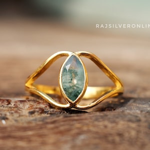 Moss Agate Ring, 18k Gold Plated 925 Sterling Silver, Handmade Ring, Engagement Ring, Wedding Ring, Dainty Gift For Women, Everyday Ring