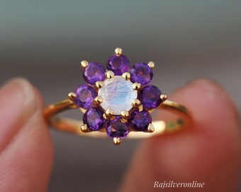 Natural Moonstone And Amethyst Ring, 18k Gold Vermeil Ring, Engagement Ring, Sterling Silver Ring, Multi Gemstone Ring, Anniversary Gift