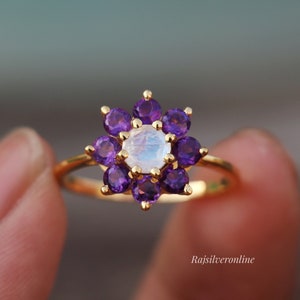 Natural Moonstone And Amethyst Ring, 18k Gold Vermeil Ring, Engagement Ring, Sterling Silver Ring, Multi Gemstone Ring, Anniversary Gift