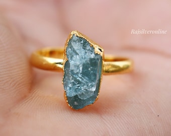 Raw Aquamarine Ring, Gold Vermeil 925 Sterling Silver Ring, Uncut Gemstone Ring, Handmade Ring, Rough Aquamarine Ring, Birthday Gift For Her