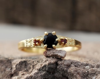 Black Onyx & Garnet Ring: Handmade 18k Gold Plated Engagement Band, 925 Sterling Silver Jewelry