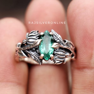 Silver Branches Ring, Emerald Ring, 925 Sterling Silver Ring, Nature Inspired Jewelry, Silver Leaves Ring, Anniversary Gift Ring For Women