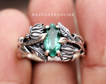 Green Emerald Ring: Sterling Silver Leaves Band, Nature Inspired Anniversary Ring