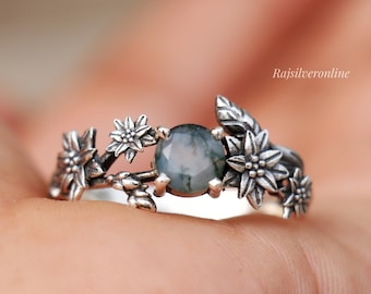 Moss Agate Sterling Silver Ring: Handmade Floral Design Band, Green Gemstone