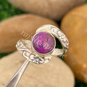 Purple Copper Turquoise Ring, Flower Textured Band, 925 Sterling Silver Ring, Handmade Ring, Boho Turquoise Ring, Wedding Ring, Gift for Her