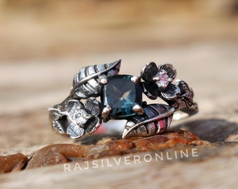 Handmade Sterling Silver Leaves Ring: London Blue Topaz Ring, Cushion Cut Gemstone, Wedding Jewelry