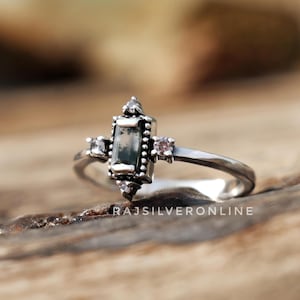Anillo de ágata musgosa, anillo de plata de ley 925, anillo de compromiso, anillo solitario de plata, anillo de bodas, regalo de cumpleaños para ella, anillo minimalista con piedras preciosas.