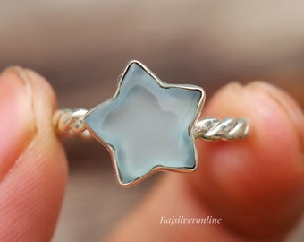 Star Gemstone Ring, Aqua Chalcedony Ring, 925 Sterling Silver Ring, Twisted Band Ring, Handmade Ring, Celestial Ring, Birthday Gift For Her