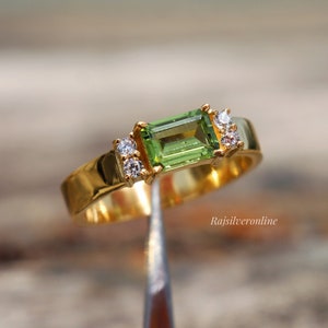 Peridot Ring, 18k Gold Vermeil Emerald Cut Ring, 925 Sterling Silver, Women Solitaire Ring, Handmade Ring, Wedding Ring, Dainty Gift For Her
