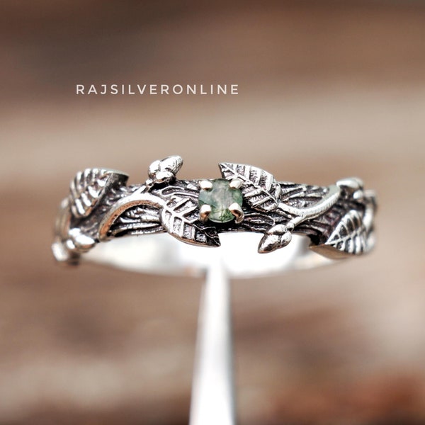Anillo de ágata musgosa con hojas: anillo de hojas de inspiración natural hecho a mano en plata de ley, joyería de diseño bohemio.