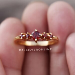 Natural Garnet Ring, 18k Gold Plated 925 Sterling Silver Ring, 5 Stones Engagement Ring, Solitaire Ring, Handmade Wedding Ring, Gift For Her
