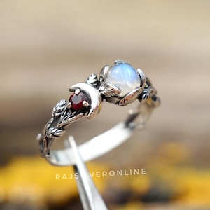 Crescent Moon Ring: Moonstone and Garnet Ring, Handmade Sterling Silver Band, Celestial Designer Jewelry