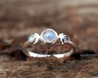 Zilveren maanring, echte maansteenring, 925 sterling zilveren ring, handgemaakte hemelse ring, witte regenboogring, jubileumcadeau voor vrouwen