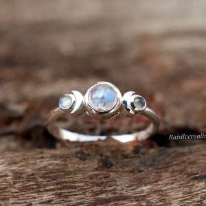 Silver Moon Ring, Genuine Moonstone Ring, 925 Sterling Silver Ring, Handmade Celestial Ring, White Rainbow Ring, Anniversary Gift For Women