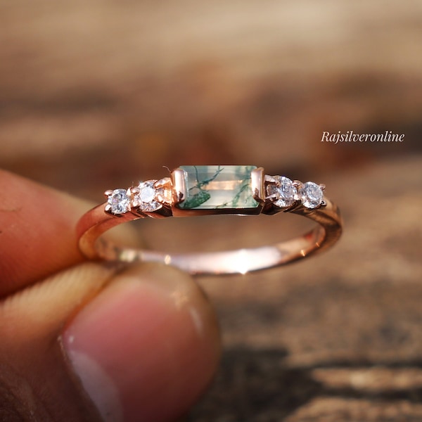 Moss Agate Ring: 18K Rose Gold Plated, Sterling Silver Solitaire Band, Handmade Wedding Ring